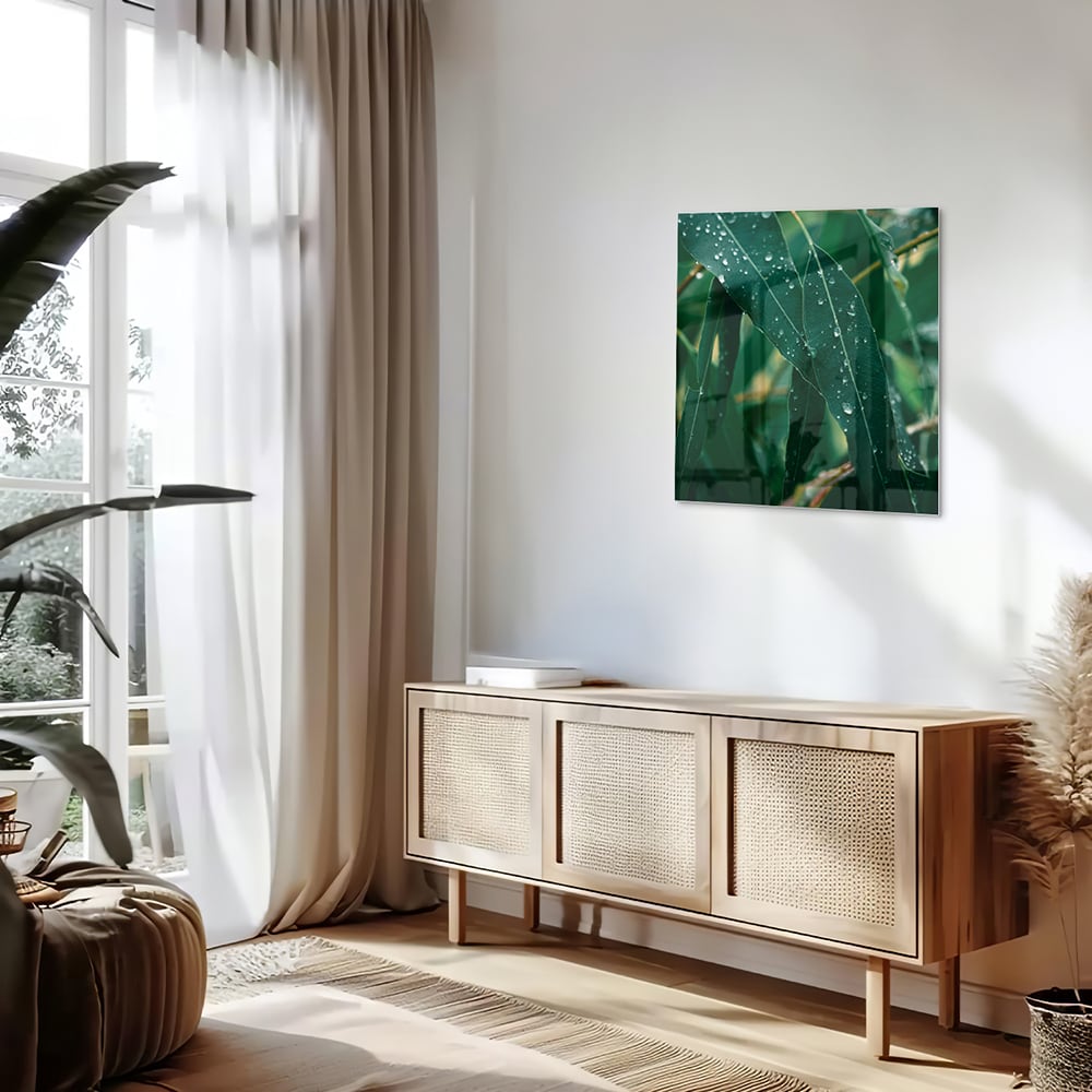Glasbild mit grünen Blättern und Tautropfen – Glasbild aus Sicherheitsglas, Größe 120x60