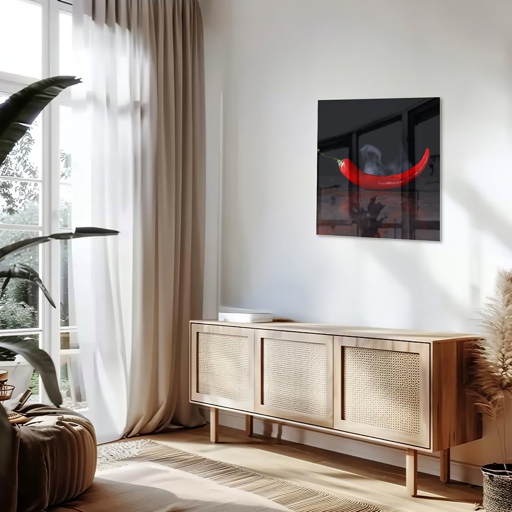 Glasbild – Tiefrote Paprika auf schwarzem Hintergrund – Glasbild aus Sicherheitsglas, Größe 120x60