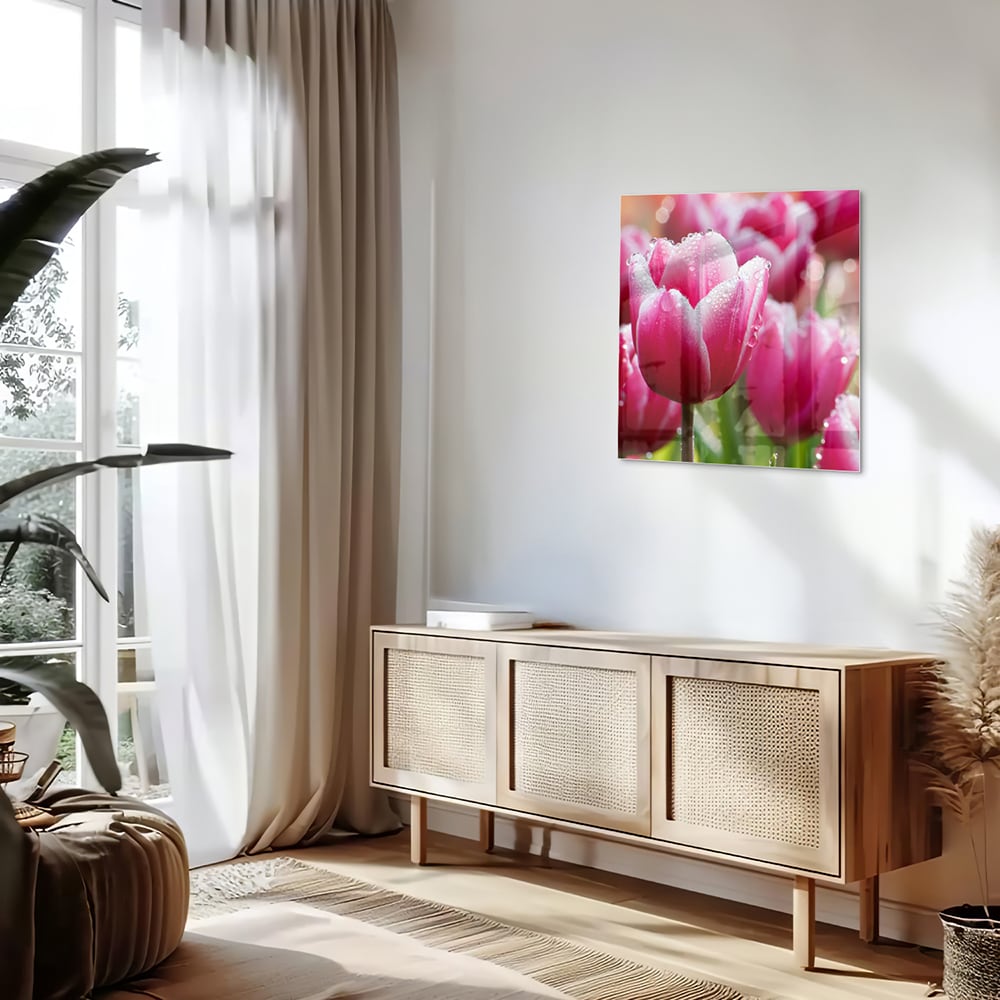 Glasbild mit bezaubernden rosa Tulpen – Glasbild aus Sicherheitsglas, Größe 120x60