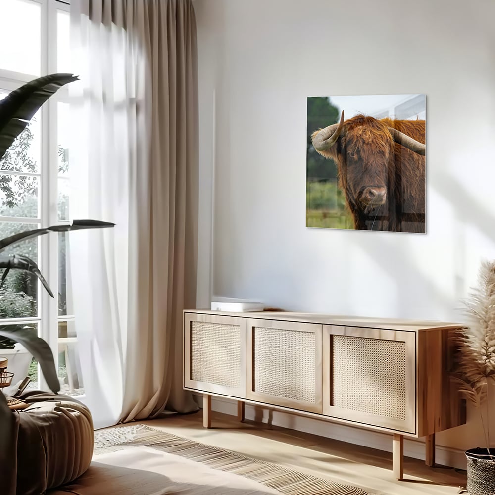Glasbild mit einem schottischen Hochlandrind – Glasbild aus Sicherheitsglas, Größe 120x60