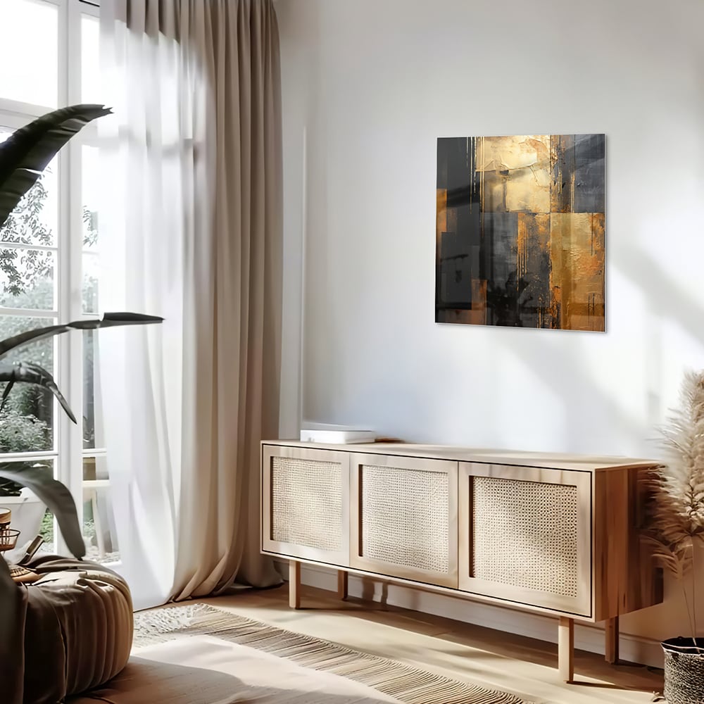Abstraktes Glasbild in Gold und Schwarz – Glasbild aus Sicherheitsglas, Größe 120x60