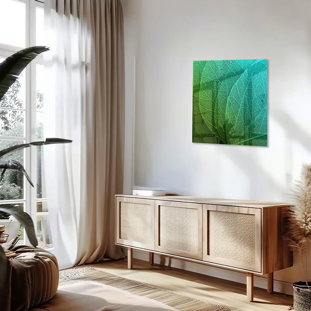 Glasbild mit strukturierter Oberfläche aus grünen Blättern – Glasbild aus Sicherheitsglas, Größe 120x60