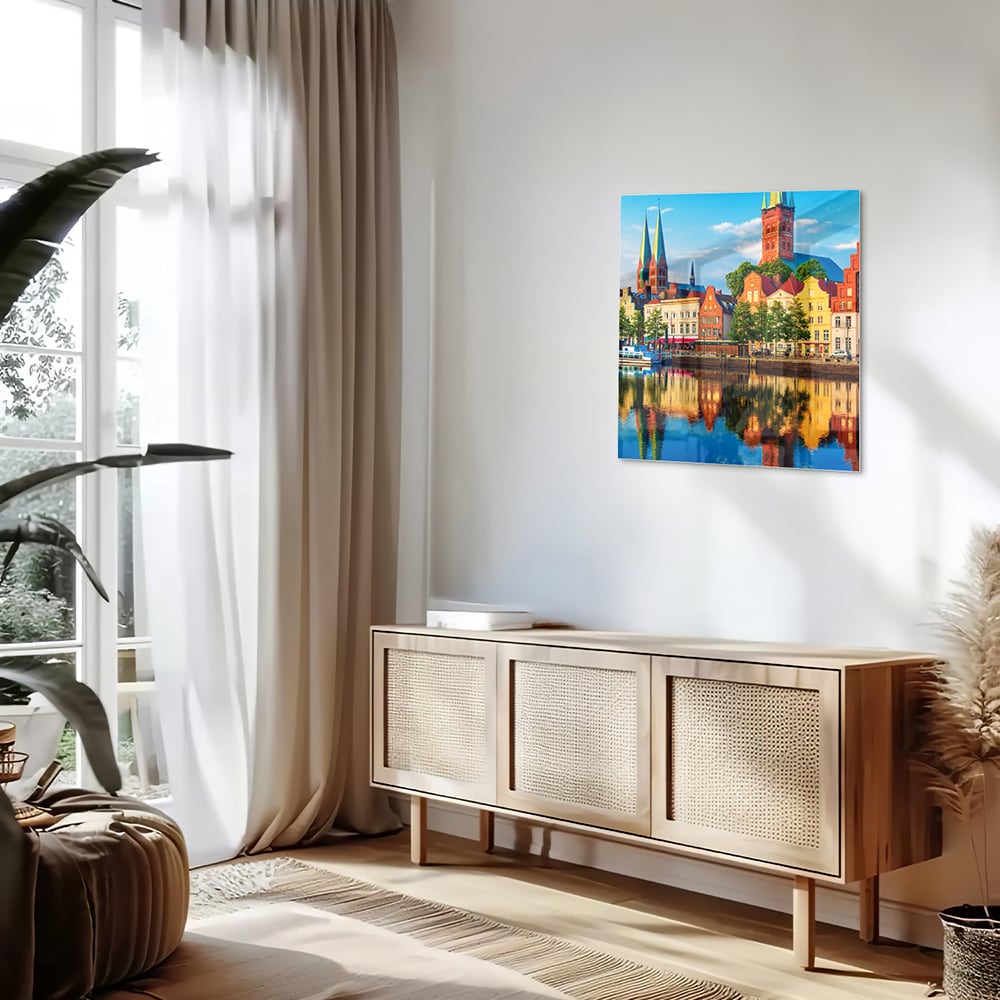 Farbenfrohes Glasbild mit einer Stadtlandschaft – Glasbild aus Sicherheitsglas, Größe 120x60