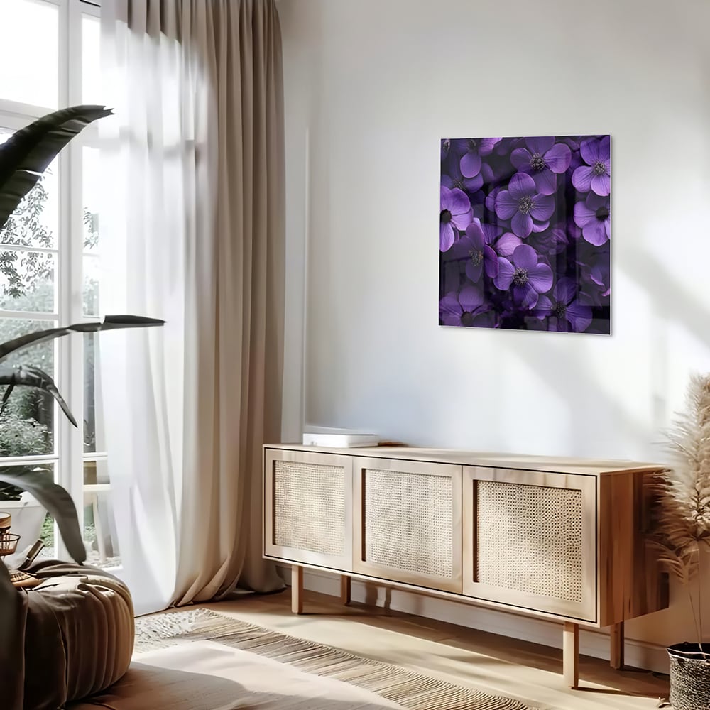 Glasbild mit violetten Blumen für Ihr Interieur – Glasbild aus Sicherheitsglas, Größe 120x60
