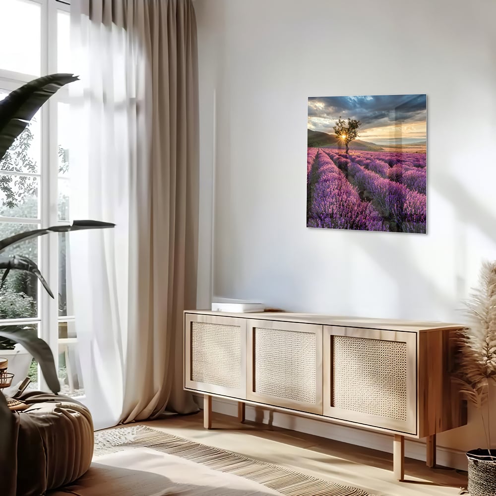 Glasbild mit violetten Lavendelfeldern bei Sonnenuntergang – Glasbild aus Sicherheitsglas, Größe 120x60