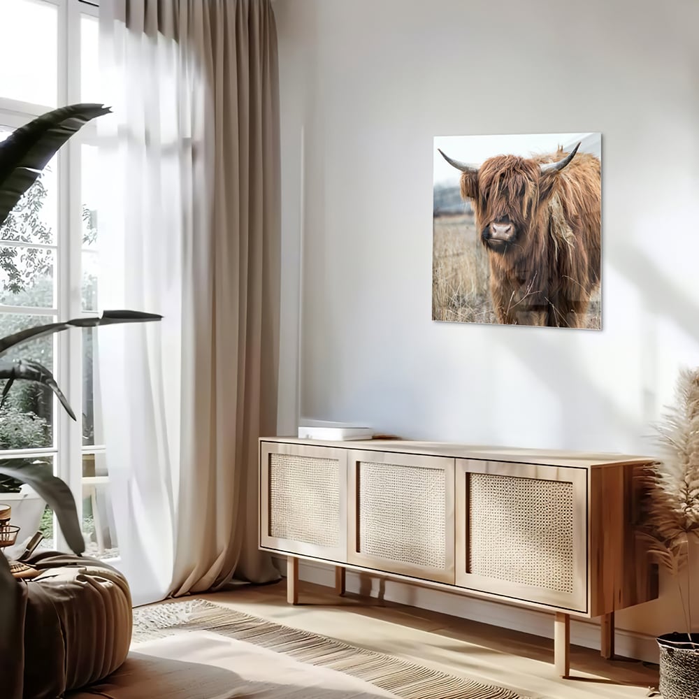 Glasbild mit Hochlandrind in Holzoptik – Glasbild aus Sicherheitsglas, Größe 120x60