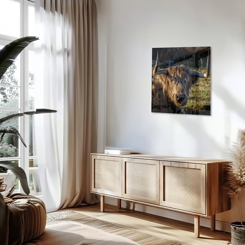 Glasbild mit einem Highland-Rind in natürlichem Licht – Glasbild aus Sicherheitsglas, Größe 120x60