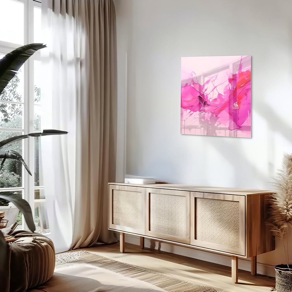 Abstraktes Glasbild in leuchtenden Rosatönen – Glasbild aus Sicherheitsglas, Größe 120x60