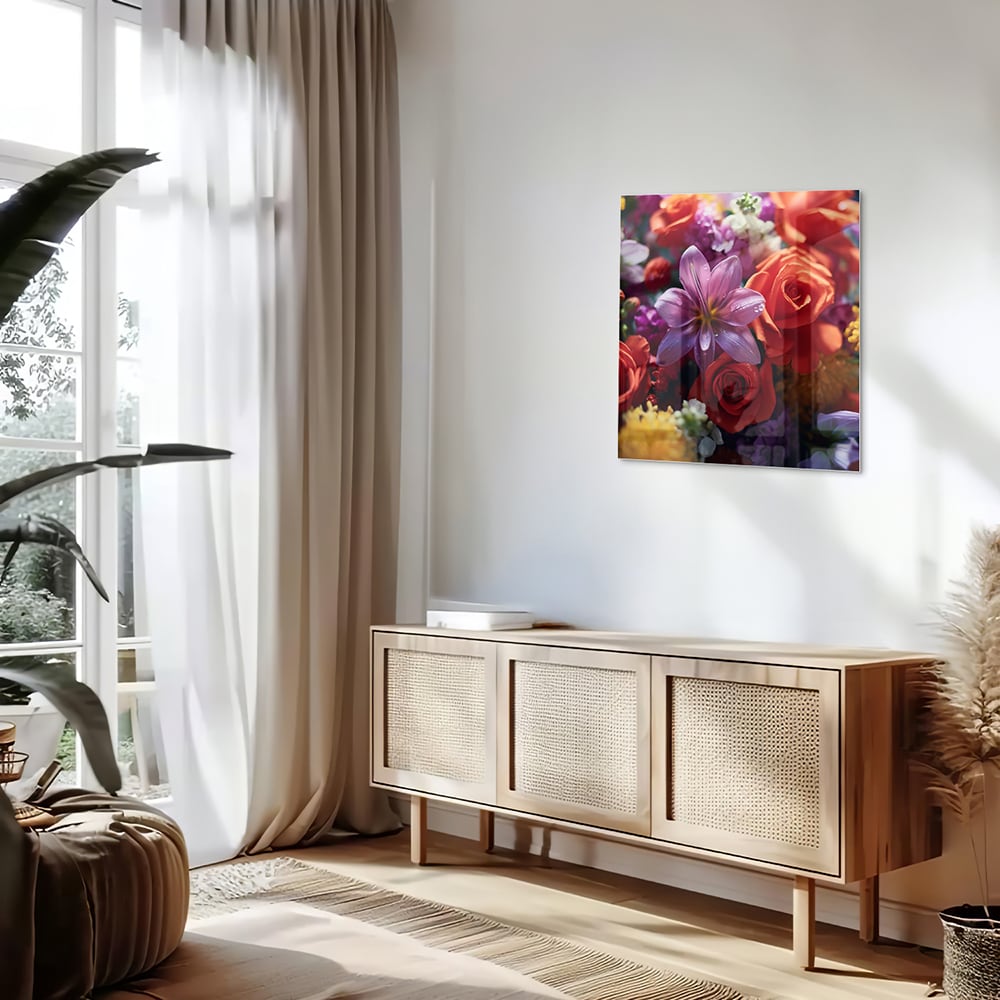 Farbenfrohes Glasbild mit Blütenpracht – Glasbild aus Sicherheitsglas, Größe 120x60