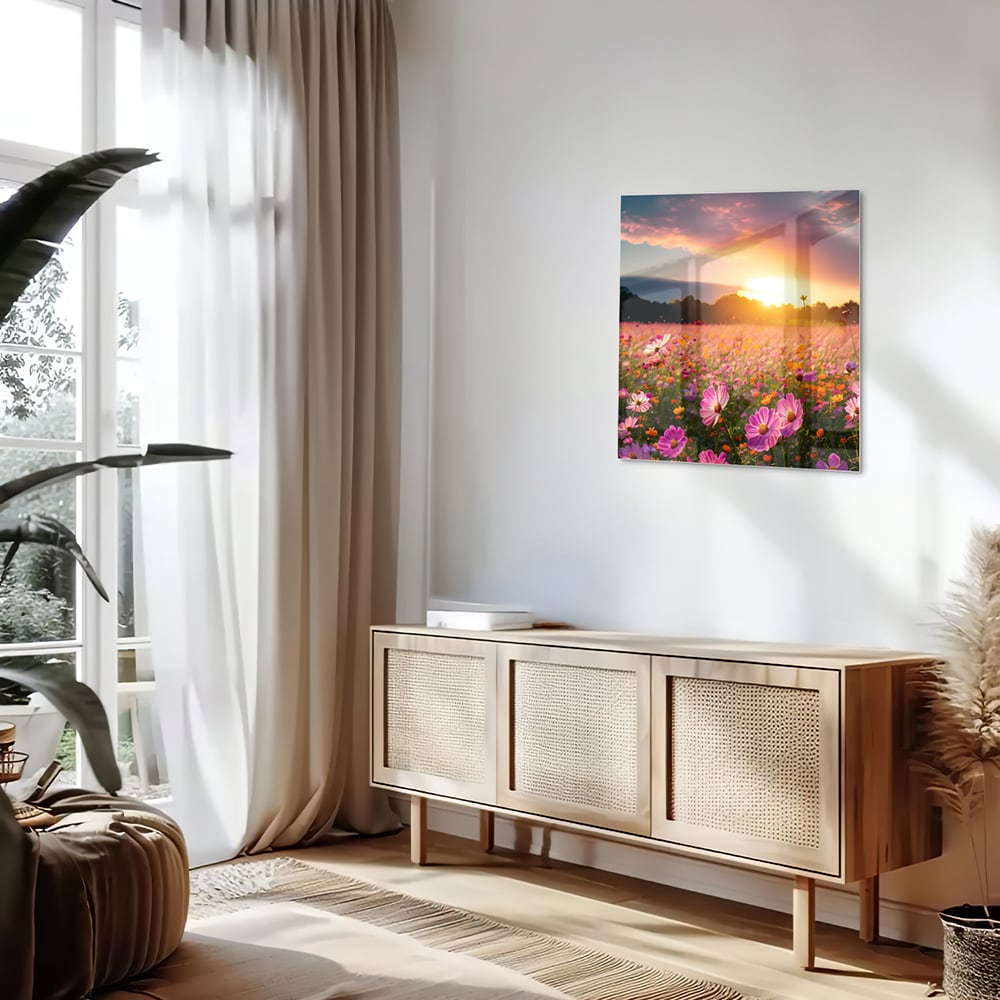 Glasbild – Sonnenuntergang über Blumenfeld – Glasbild aus Sicherheitsglas, Größe 120x60