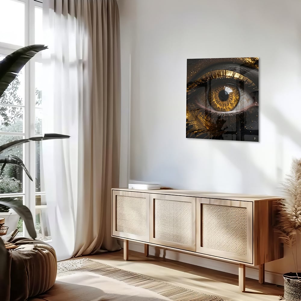 Glasbild Augen-Kunstwerk in Gold und Schwarz – Glasbild aus Sicherheitsglas, Größe 120x60
