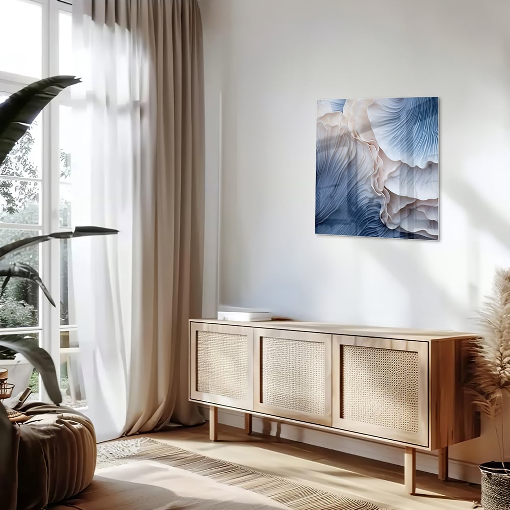 Elegantes Glasbild mit blauen und weißen Mustern – Glasbild aus Sicherheitsglas, Größe 120x60