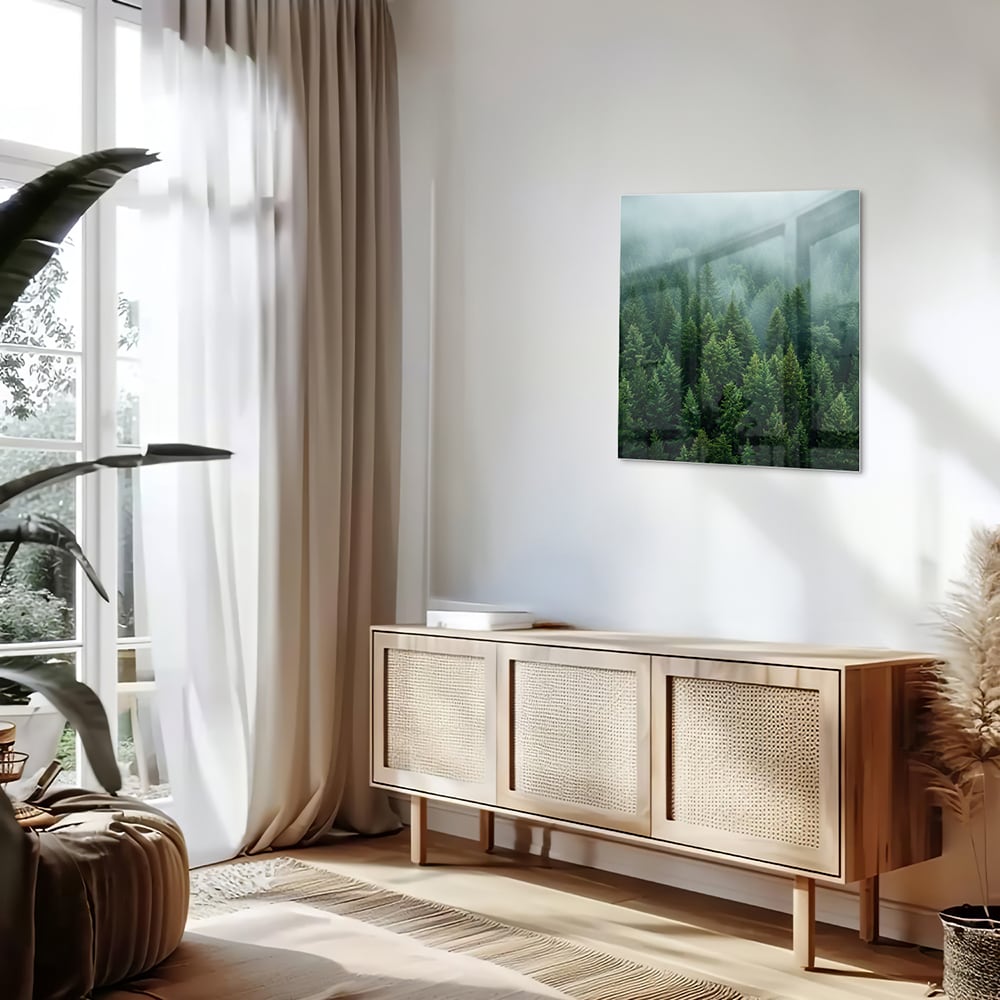 Glasbild mit nebligen Tannenwäldern – Glasbild aus Sicherheitsglas, Größe 120x60