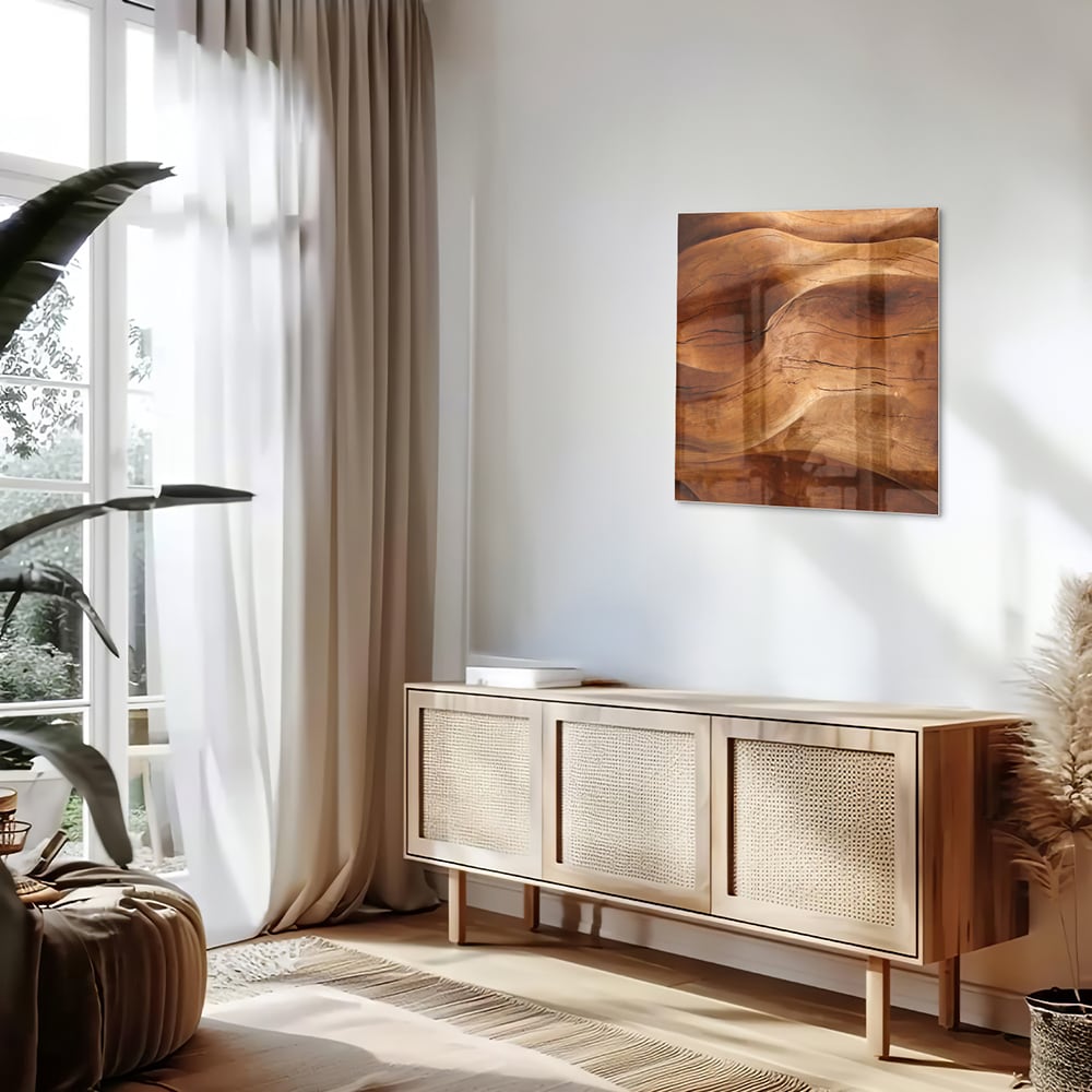 Abstraktes Glasbild mit warmen Holztönen – Glasbild aus Sicherheitsglas, Größe 120x60