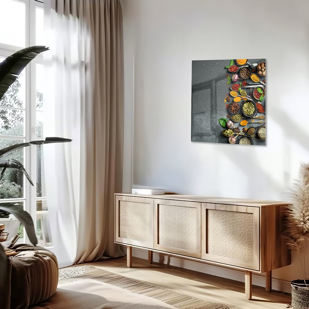 Farbenfrohes Glasbild mit Kräutern und Gewürzen – Glasbild aus Sicherheitsglas, Größe 120x60