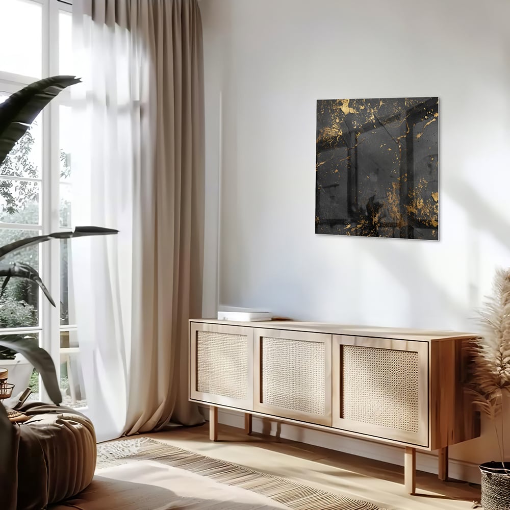 Gold-schwarzes Glasbild mit abstrakten Spritzern – Glasbild aus Sicherheitsglas, Größe 120x60