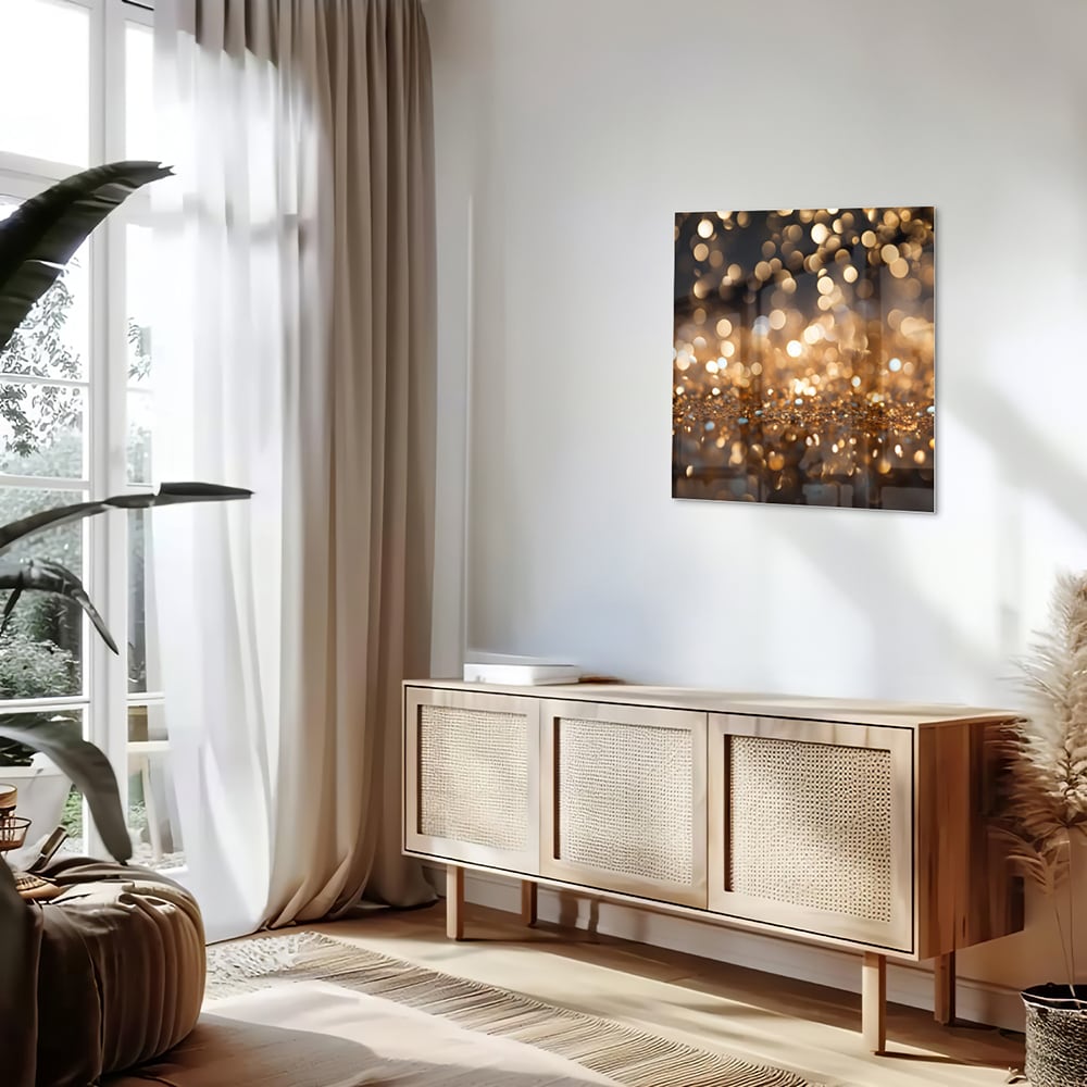 Glasbild mit goldenem Bokeh in moderner Szenerie – Glasbild aus Sicherheitsglas, Größe 120x60