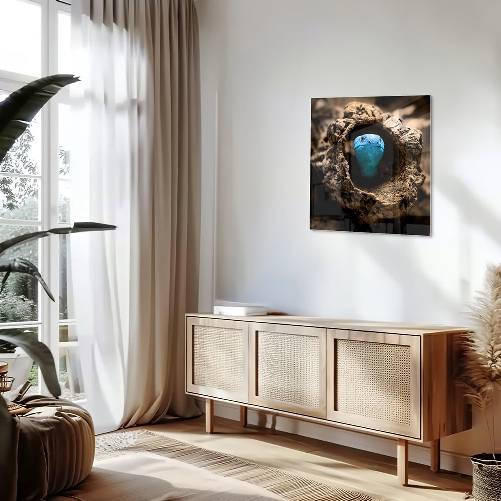 Glasbild mit einer blauen Perle in einem Nest – Glasbild aus Sicherheitsglas, Größe 120x60