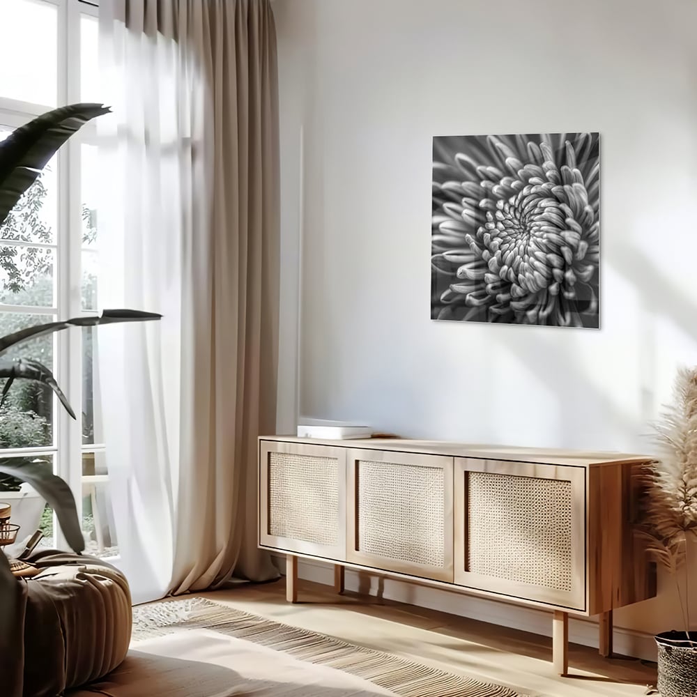 Schwarz-Weiß-Glasbild mit geschwungener Blume – Glasbild aus Sicherheitsglas, Größe 120x60