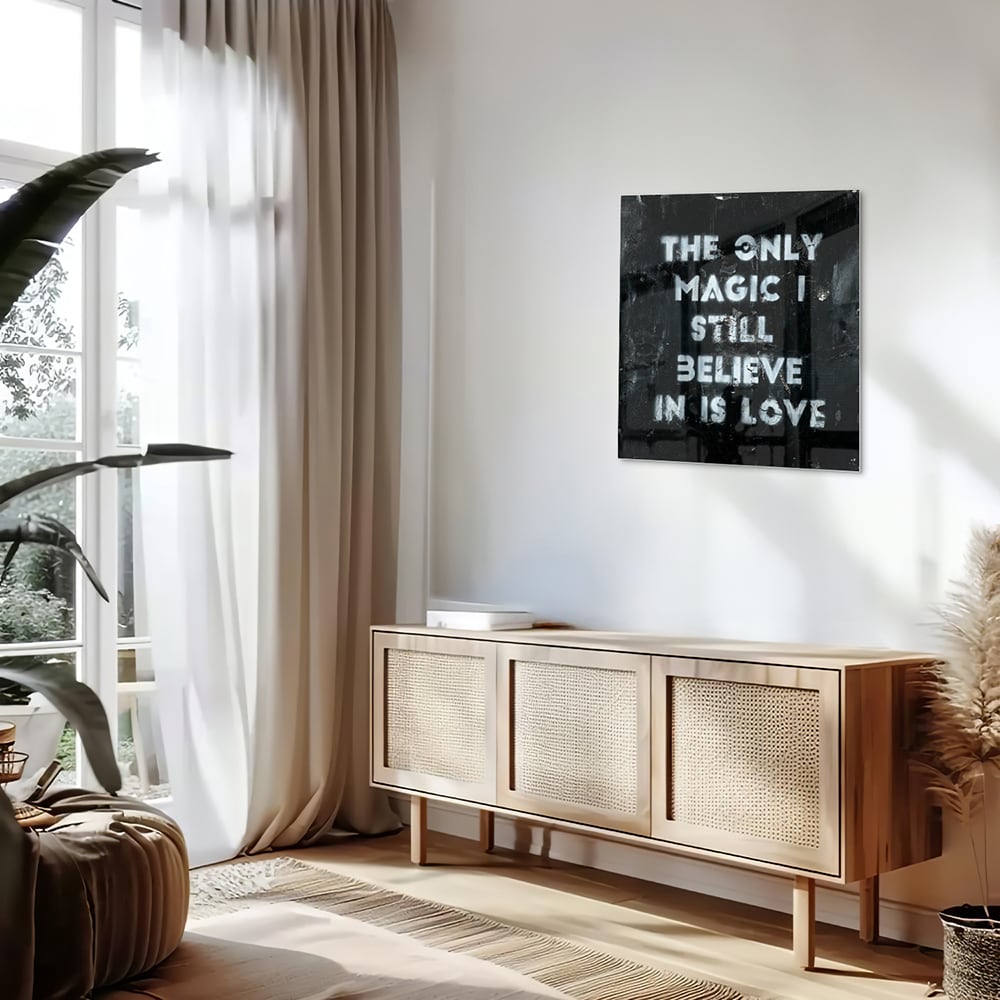 Glasbild mit Schriftzug „Believe in Love“ – Glasbild aus Sicherheitsglas, Größe 120x60