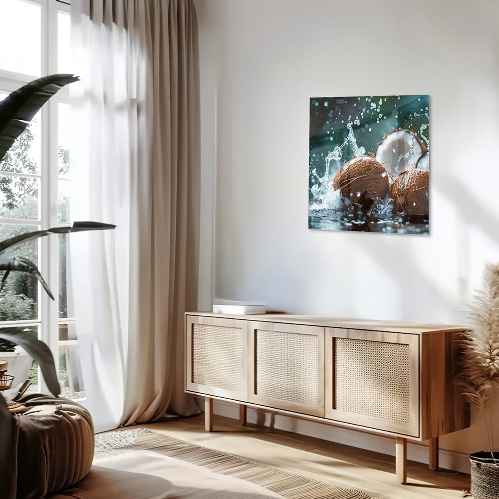 Glasbild Kokosnuss-Trio mit Wasserstrahlen – Glasbild aus Sicherheitsglas, Größe 120x60