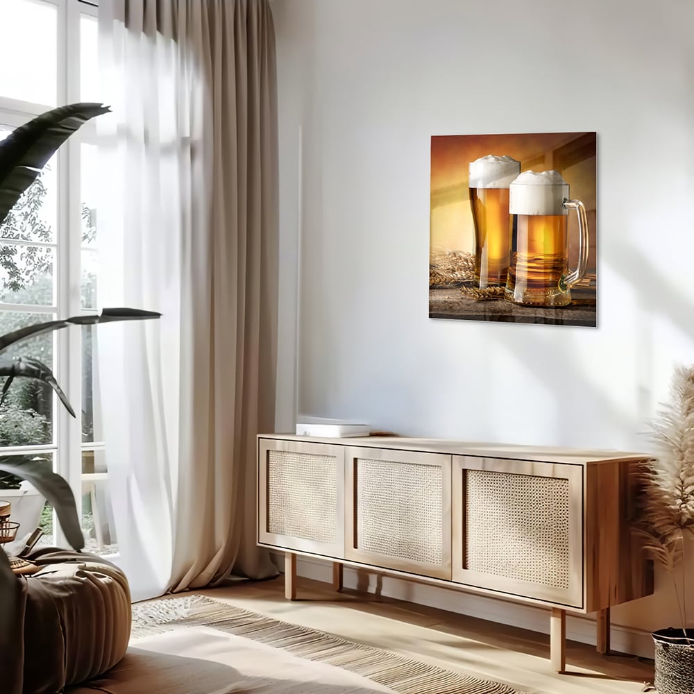 Stilvolles Glasbild mit Bier und Gerste – Glasbild aus Sicherheitsglas, Größe 120x60