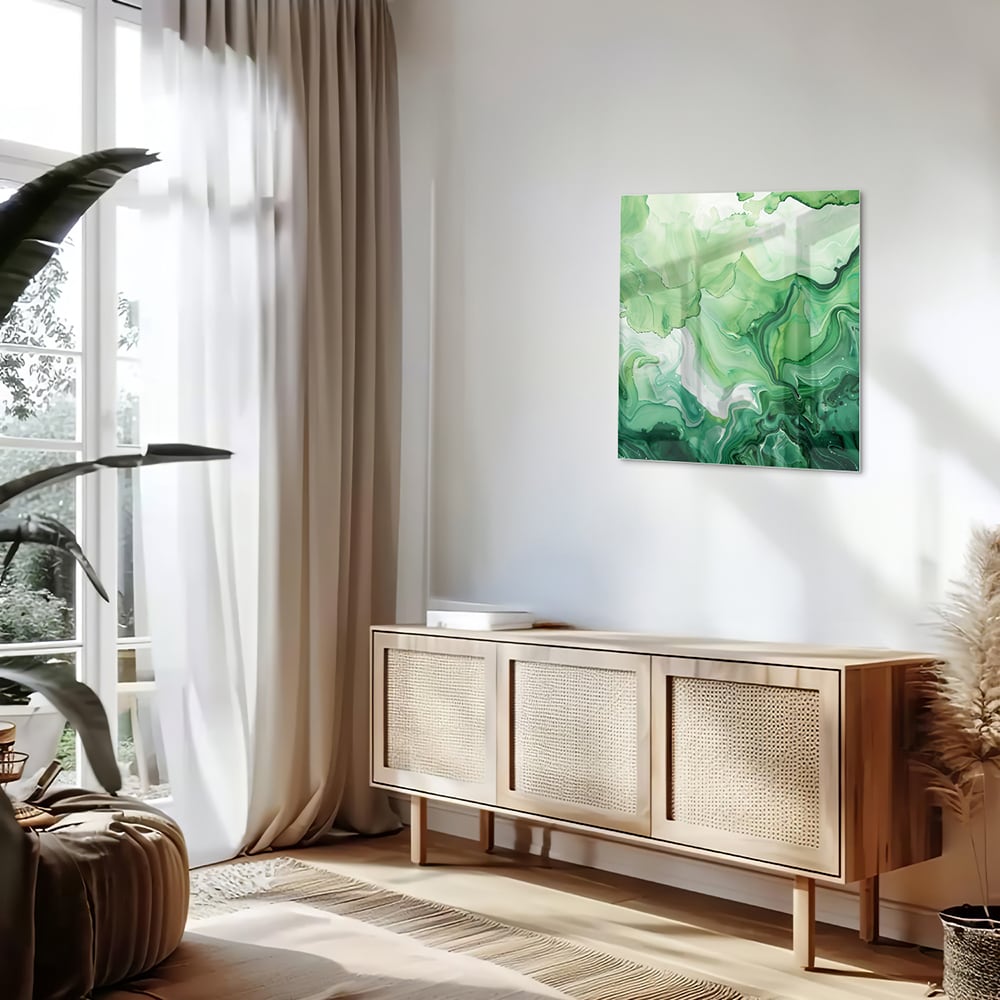 Grünes marmoriertes Glasbild für moderne Innenräume – Glasbild aus Sicherheitsglas, Größe 120x60