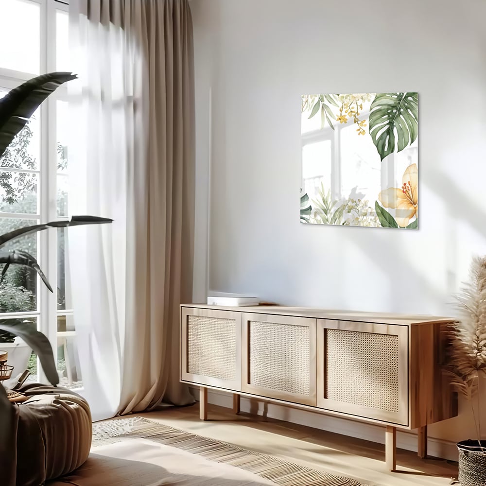 Glasbild mit tropischen Blättern und botanischer Flora – Glasbild aus Sicherheitsglas, Größe 120x60
