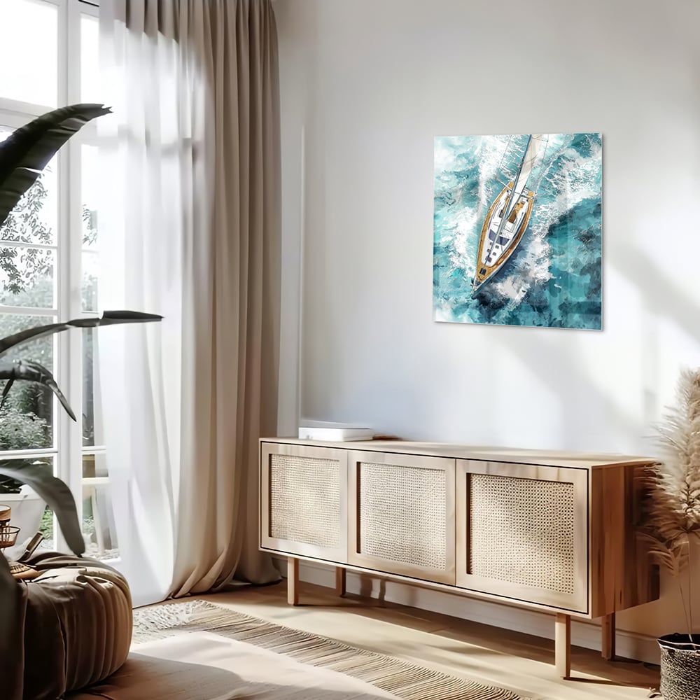 Wunderschönes Glasbild mit einer Yacht auf dem See – Glasbild aus Sicherheitsglas, Größe 120x60