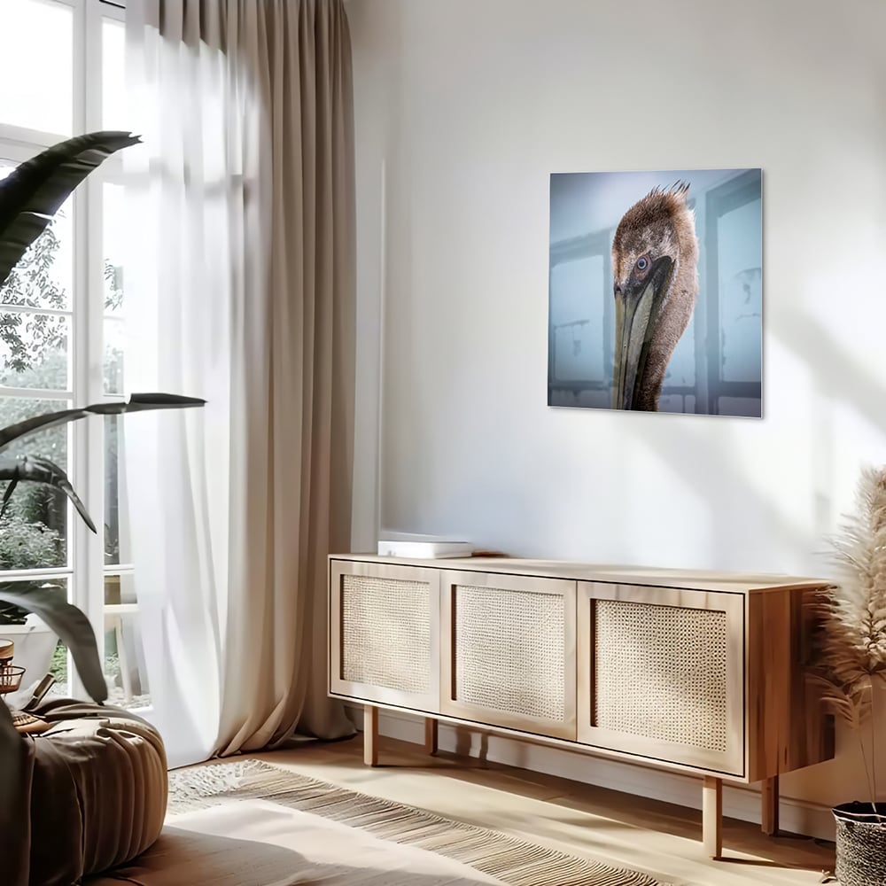 Stilvolles Glasbild mit Pelikan-Porträt – Glasbild aus Sicherheitsglas, Größe 120x60