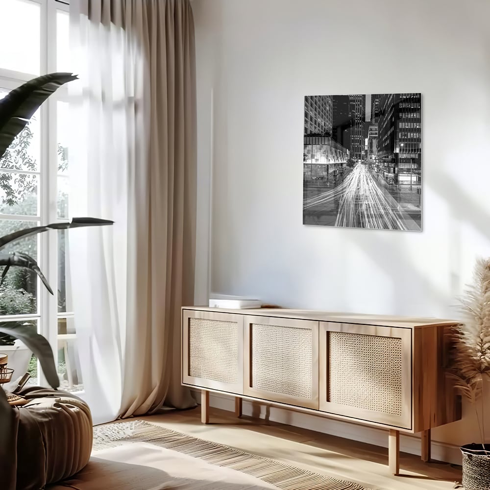 Schwarz-Weiß-Glasbild mit Stadtlichtern – Glasbild aus Sicherheitsglas, Größe 120x60
