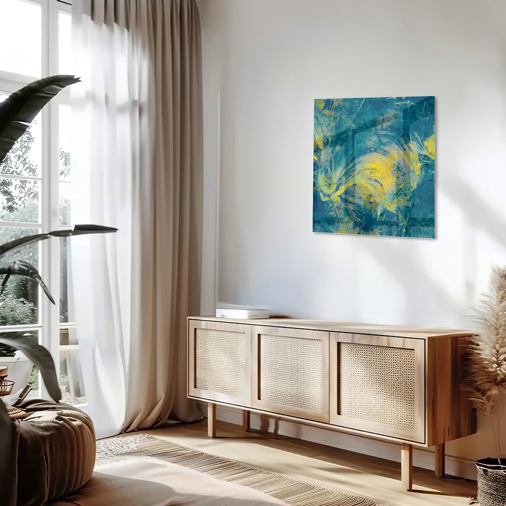Farbenfrohes Glasbild mit abstraktem blau-gelbem Muster – Glasbild aus Sicherheitsglas, Größe 120x60