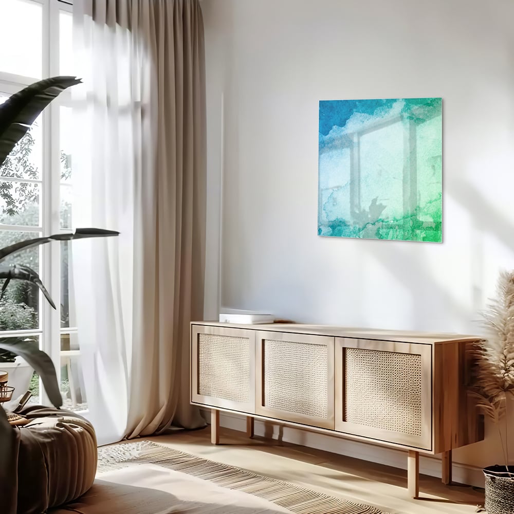 Abstraktes Glasbild in Blau und Grün – Glasbild aus Sicherheitsglas, Größe 120x60