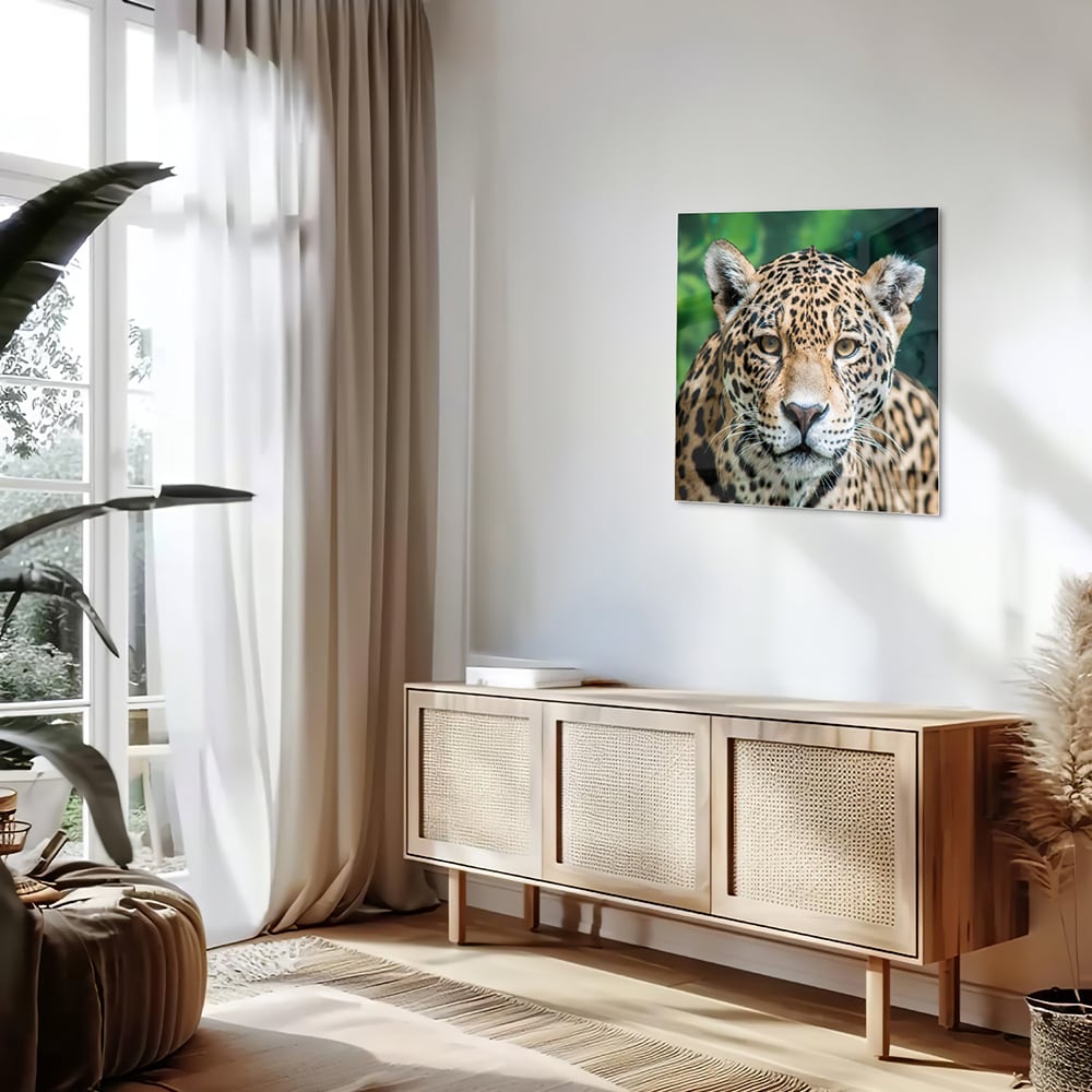 Beeindruckendes Glasbild mit einem Jaguar – Glasbild aus Sicherheitsglas, Größe 120x60