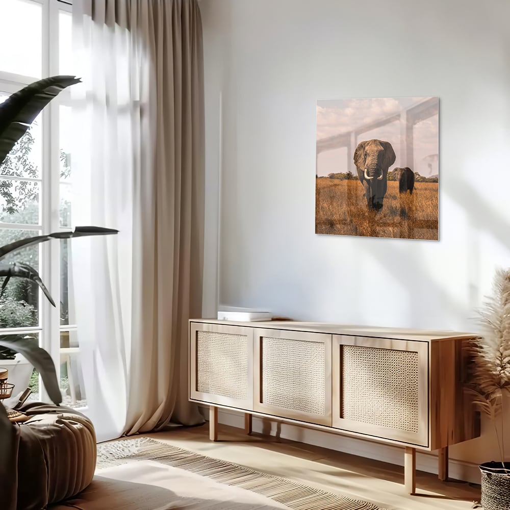 Wunderschönes Glasbild mit Elefanten in der Natur – Glasbild aus Sicherheitsglas, Größe 120x60