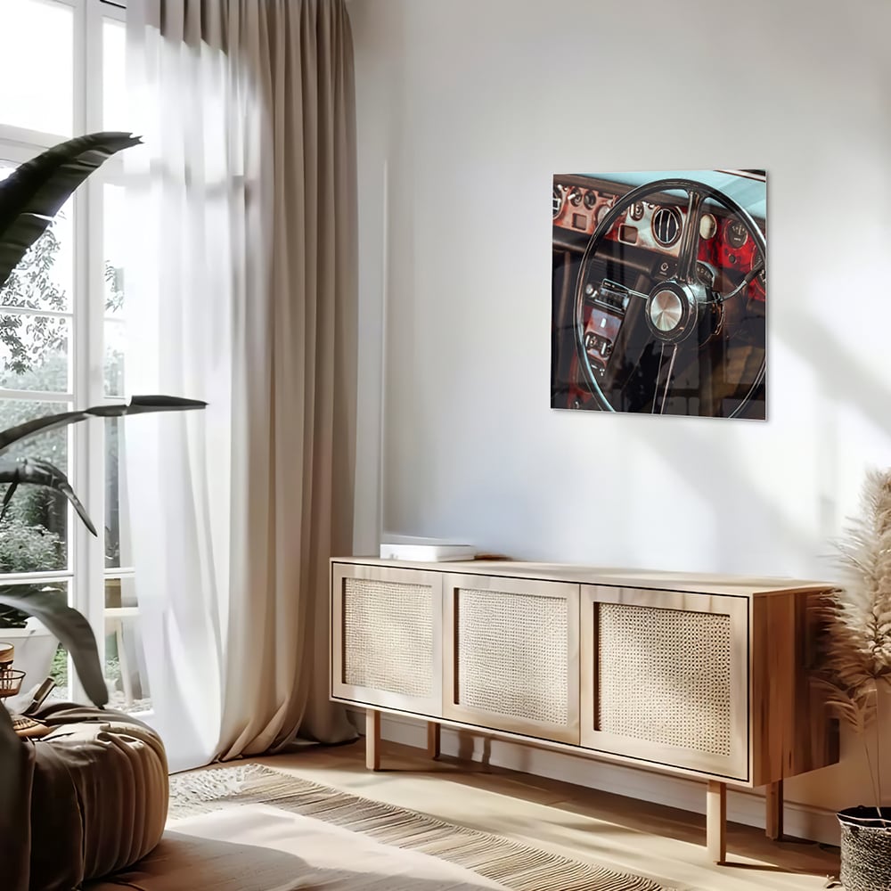 Retro-Auto-Glasbild mit Armaturenbrett für Liebhaber – Glasbild aus Sicherheitsglas, Größe 120x60