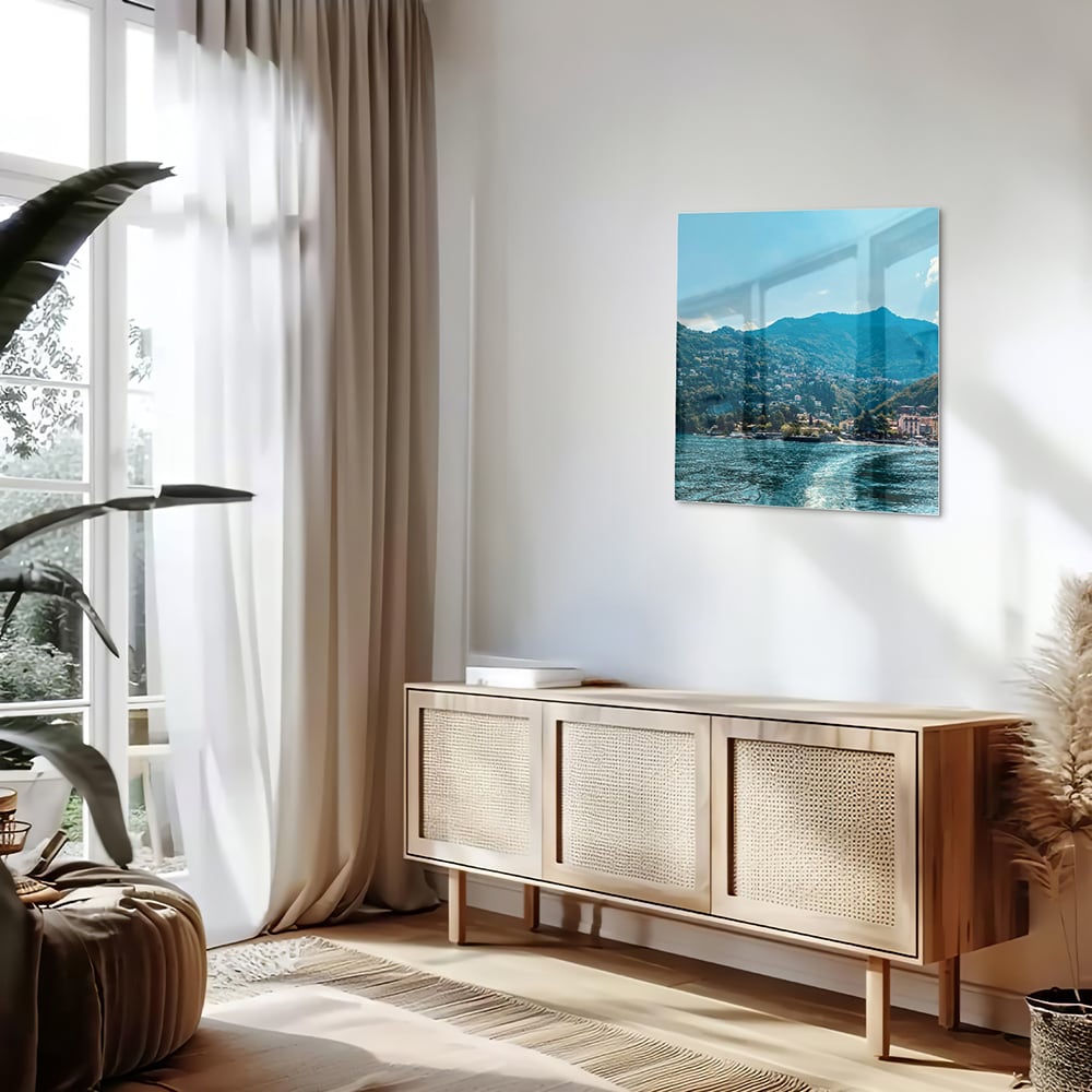 Atemberaubendes Glasbild mit Berglandschaft – Glasbild aus Sicherheitsglas, Größe 120x60
