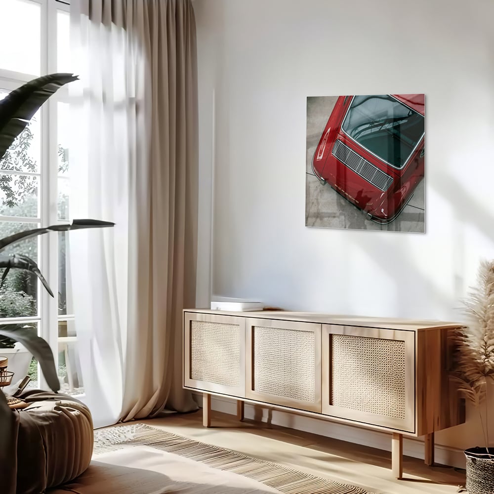 Stilvolles Glasbild mit einem roten Auto – Glasbild aus Sicherheitsglas, Größe 120x60
