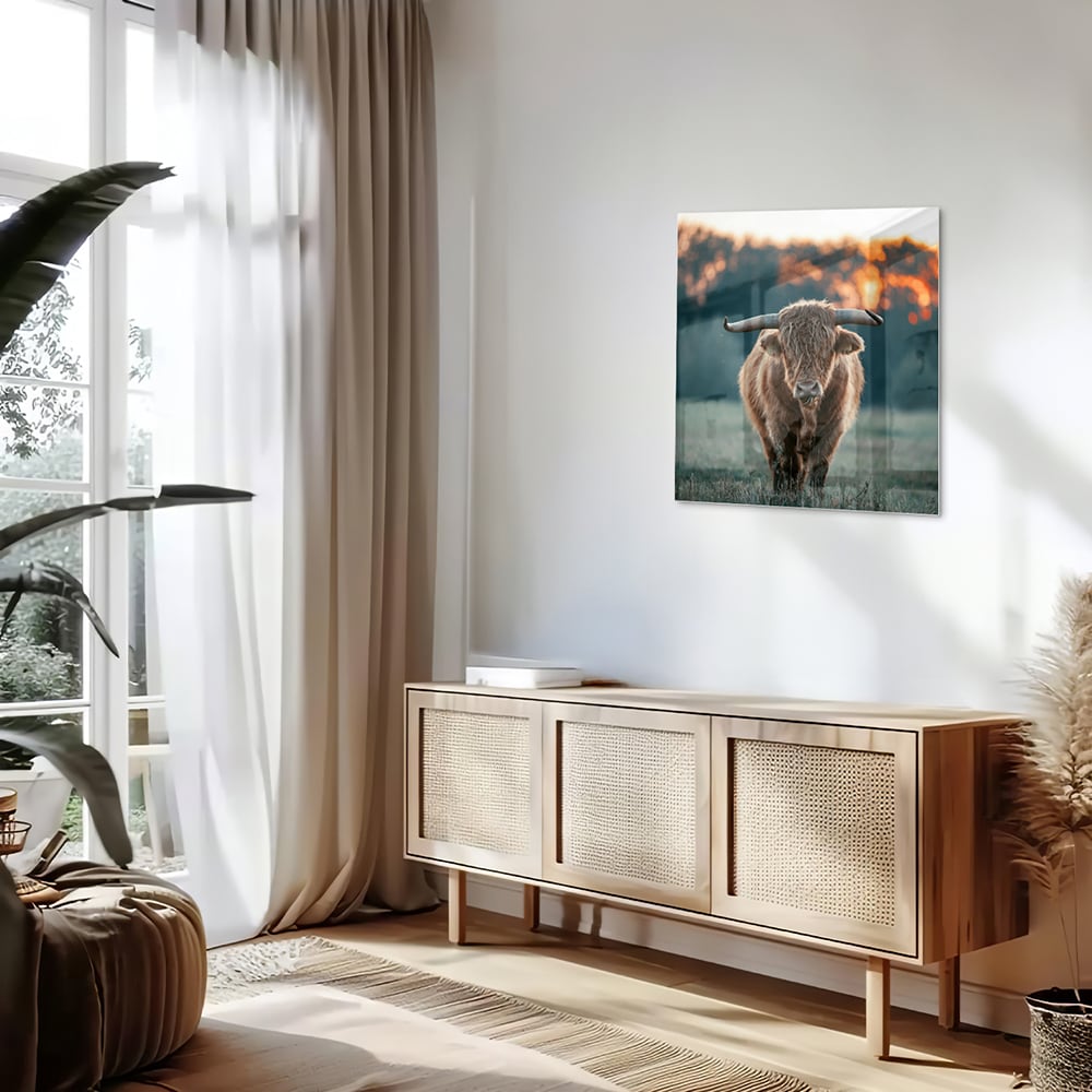 Glänzendes Glasbild mit schottischem Hochlandrind – Glasbild aus Sicherheitsglas, Größe 120x60