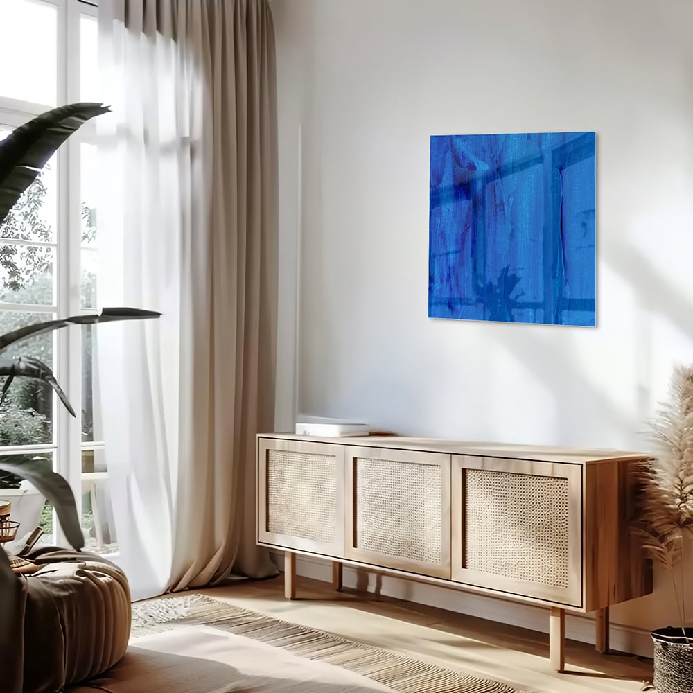 Blaues abstraktes Glasbild für moderne Innenräume – Glasbild aus Sicherheitsglas, Größe 120x60