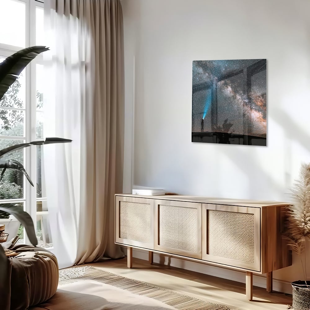 Glasbild Sternenhimmel mit Lichtstrahl – Glasbild aus Sicherheitsglas, Größe 120x60