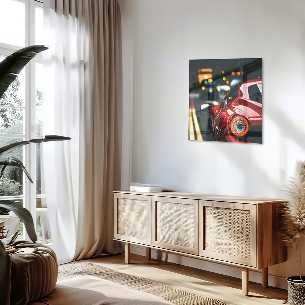 Stilvolles Glasbild mit einem roten Auto in der Stadt – Glasbild aus Sicherheitsglas, Größe 120x60