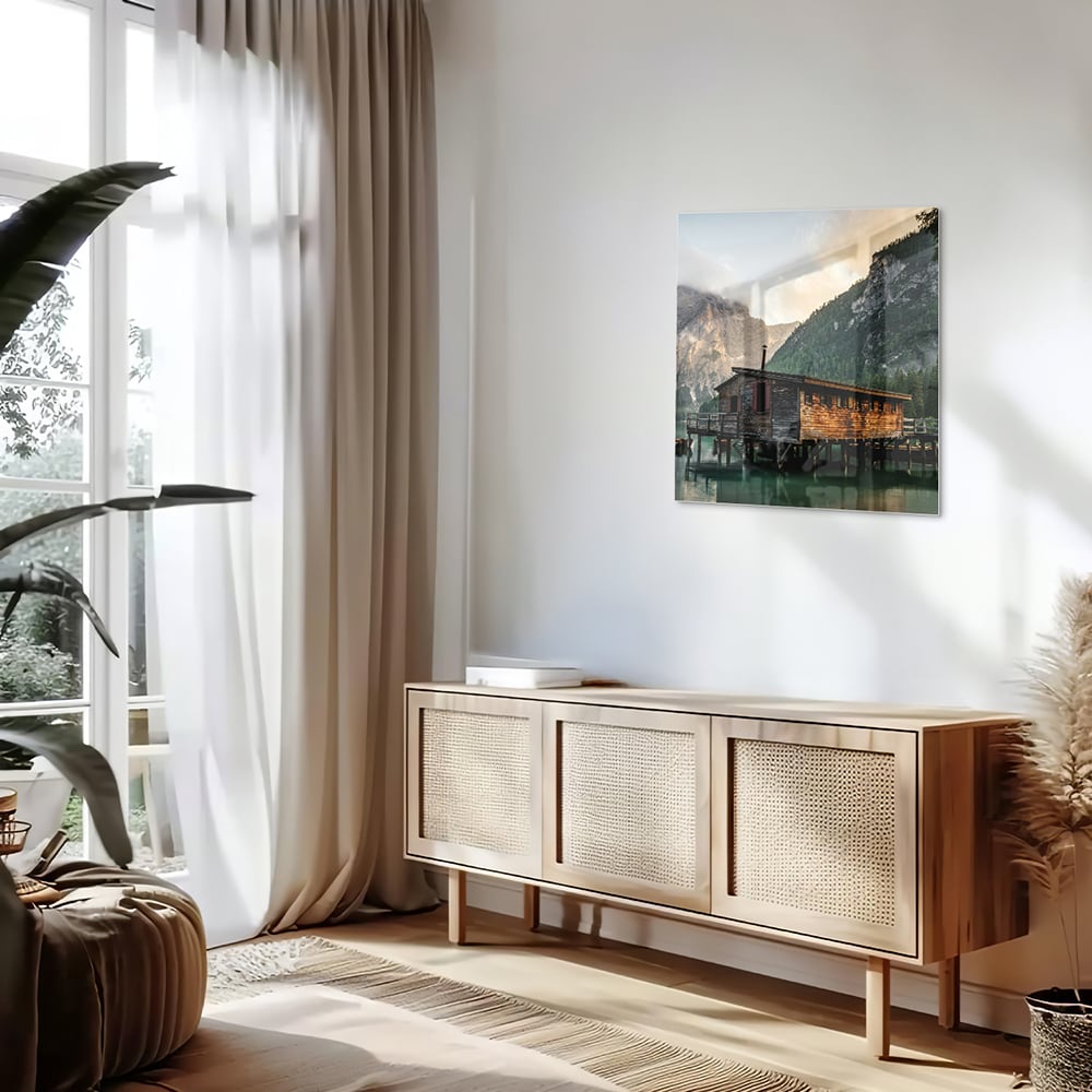 Bezauberndes Glasbild mit einer Berghütte – Glasbild aus Sicherheitsglas, Größe 120x60