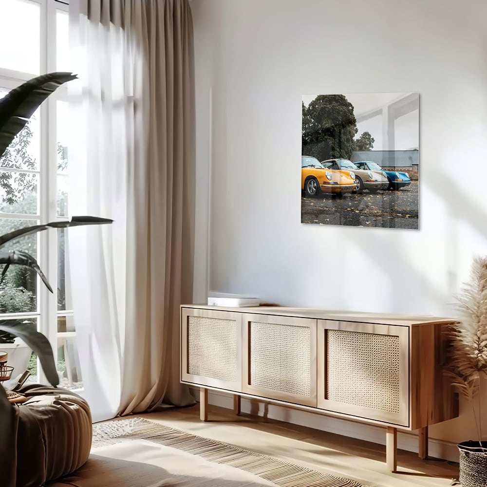 Fröhliches Glasbild mit gelbem Auto – Glasbild aus Sicherheitsglas, Größe 120x60