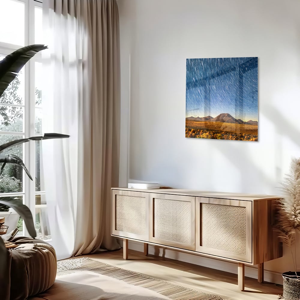 Glasbild mit Sternenhimmel über den Bergen – Glasbild aus Sicherheitsglas, Größe 120x60