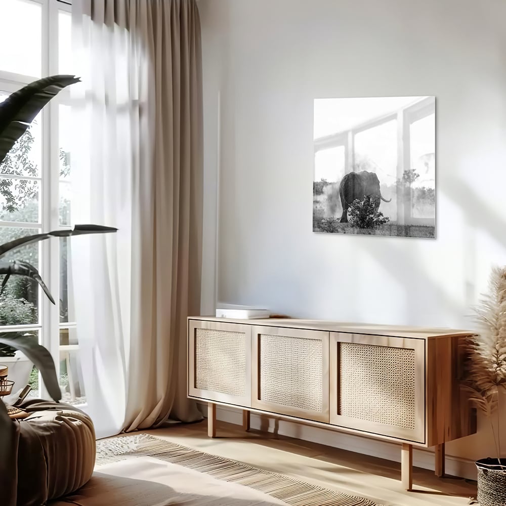 Elegantes Schwarz-Weiß-Glasbild mit einem Elefanten – Glasbild aus Sicherheitsglas, Größe 120x60