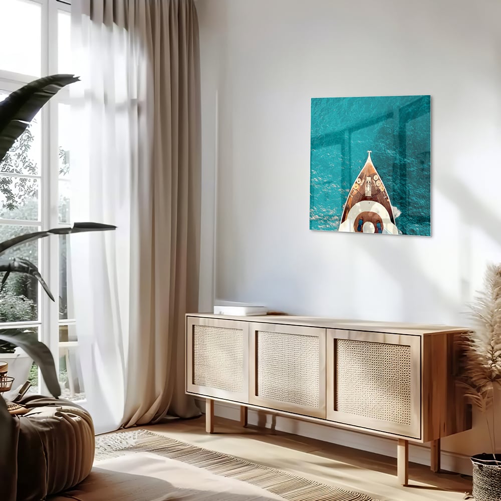 Glasbild mit einem Boot über Wasser – Glasbild aus Sicherheitsglas, Größe 120x60