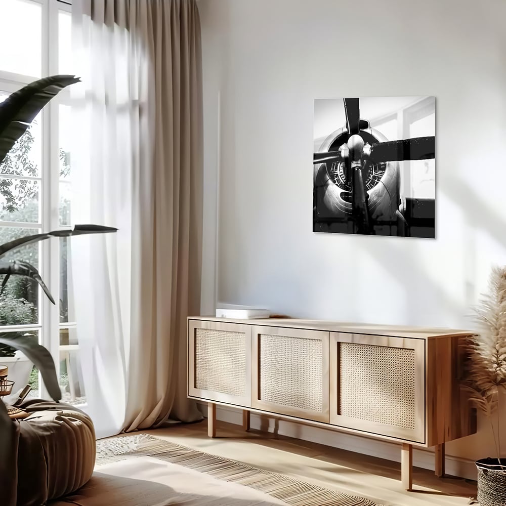 Schwarz-Weiß-Glasbild mit Vintage-Flugzeugpropeller – Glasbild aus Sicherheitsglas, Größe 120x60
