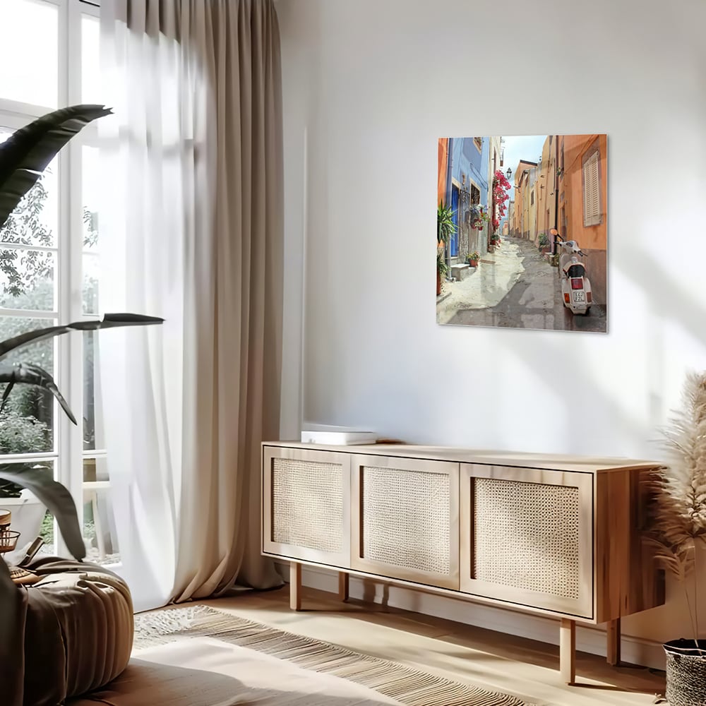 Buntes Glasbild mit Vespa auf einer Straße – Glasbild aus Sicherheitsglas, Größe 120x60