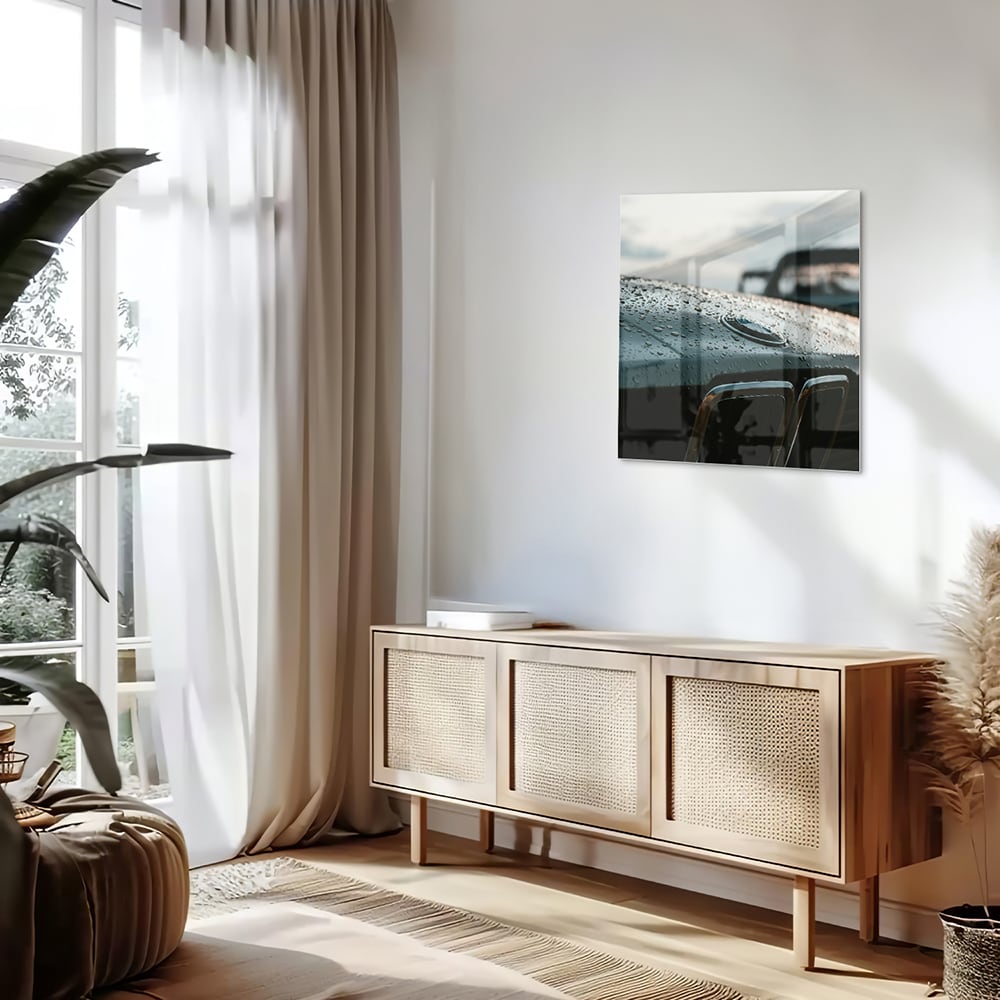 Glasbild mit nasser Autoscheibe – Stilvolles Interieur – Glasbild aus Sicherheitsglas, Größe 120x60